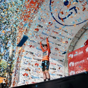 The young Aussie leading a Team BMC rider during a day race in Holland.