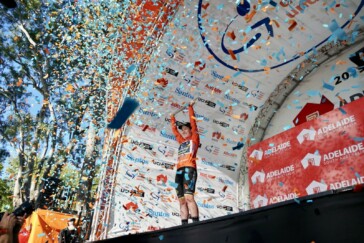 The young Aussie leading a Team BMC rider during a day race in Holland.