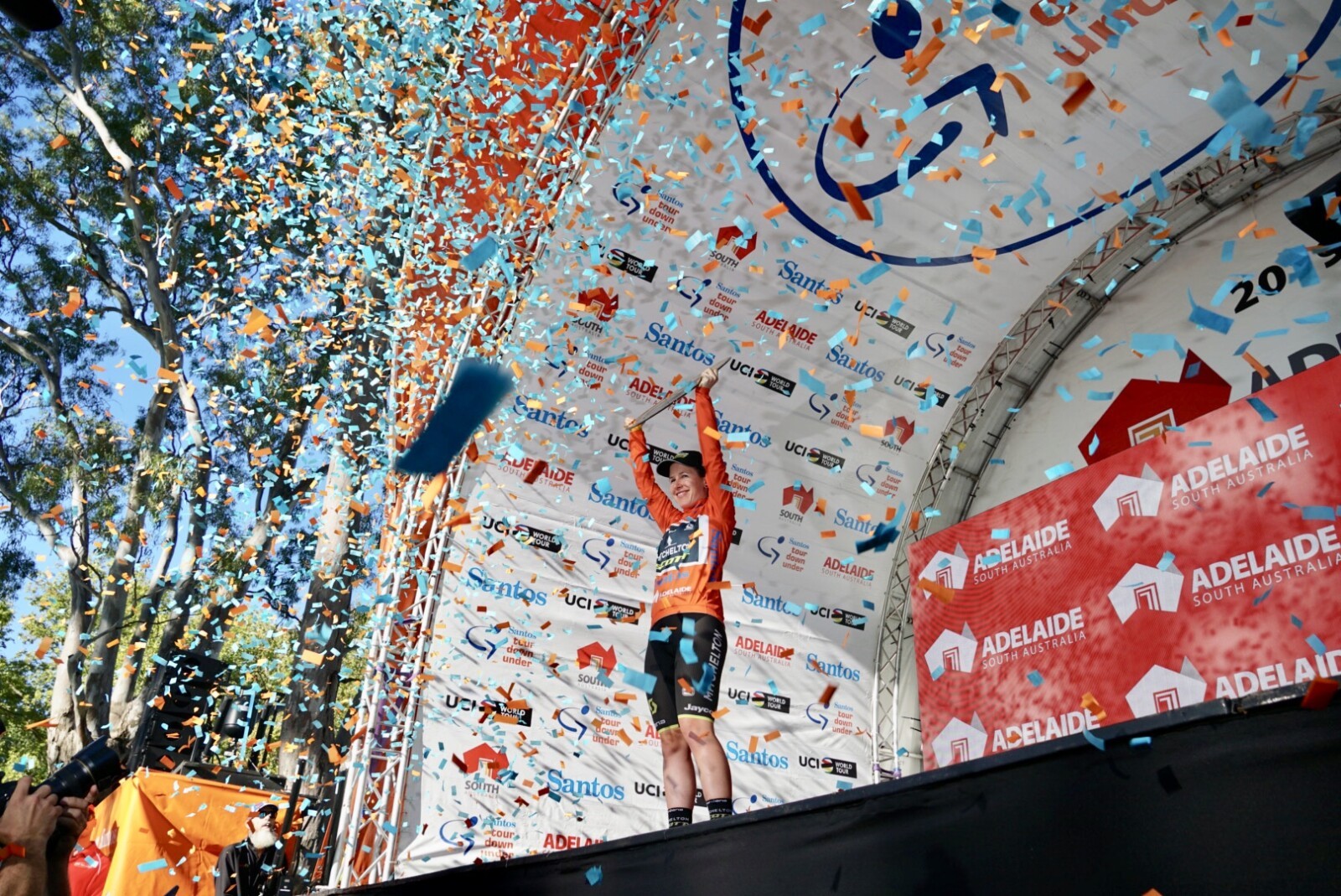 The young Aussie leading a Team BMC rider during a day race in Holland.