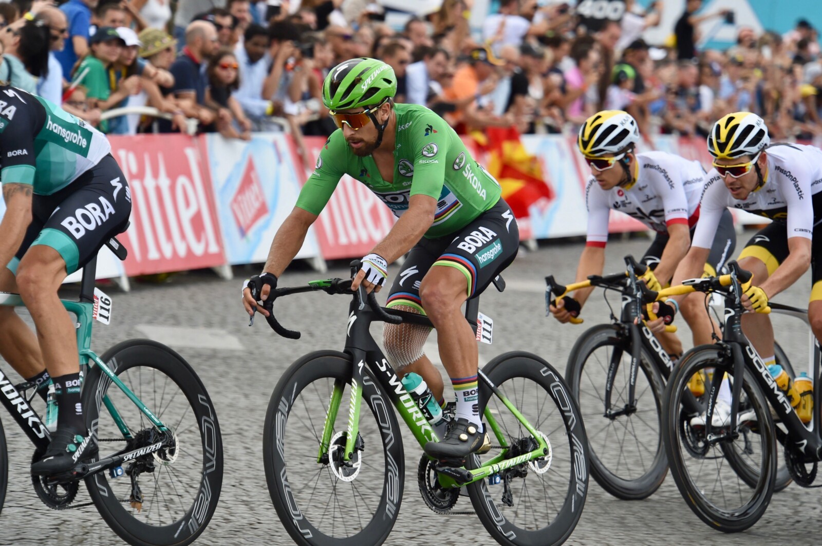 Riders of the 2018 Tour de France make their way along the Champs de Elysees during the finishing circuits of the 2018 Tour. Image: Sirotti