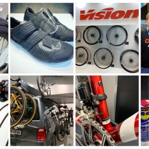 Megan Scott (white jersey) celebrates her Bowral Classic success with members of the Giant Sydney Cycling Club at the event village.