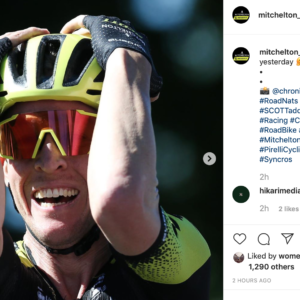 Cam Meyer celebrates after winning the 2020 National Jersey. Image: Mitchelton-Scott Instagram.