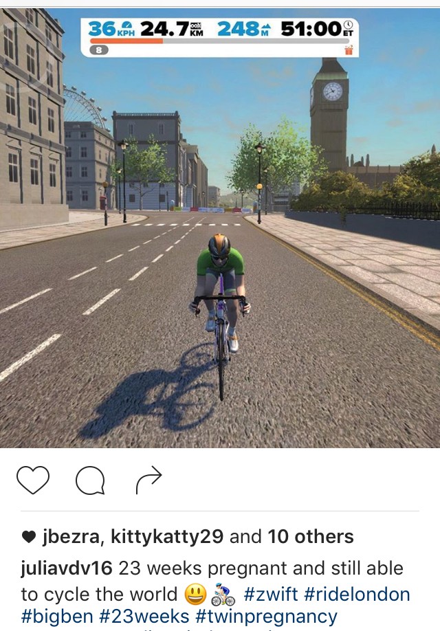 Julia continued to train through her pregnancy using the online Zwift platform.