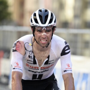 Julian Alaphilippe, Wout van Aert and Michael Matthews on the podium after the 2020 Milan-San Remo. Image: Sirotti