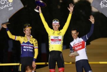 Primoz Roglic, Tadej Pogacar and Richie Porte on the 2020 Tour de France podium in Paris. Image: Sirotti