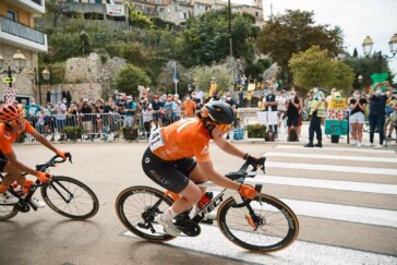 Chloe Hosking takes a podium selfie with Marianne Vos and Lotta Lepisto after winning La Course by le Tour de France.