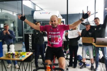 The virtual challenge received a huge amount of media attention. Here, Michael Tomalaris of SBS interviews Rupert during the ride.