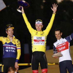 Primoz Roglic, Tadej Pogacar and Richie Porte on the 2020 Tour de France podium in Paris. Image: Sirotti