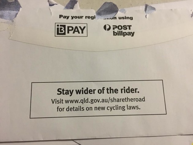 The Queensland Government is using 'Share The Road' stamped envelopes.