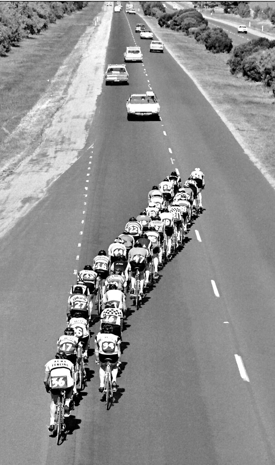 Roads improved in later years and the backmarkers form a perfect echelon heading down the Geelong Road to Warrnambool in the 1978 race, eventually won by Denis Shaw.Photo courtesy Ray Bowles.