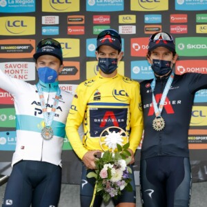 Richie Porte, Alexey Lutsenko and Geraint Thomas on the final podium at the 2021 Criterium du Dauphine. Image: Team Ineos Grenadiers.
