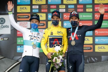Richie Porte, Alexey Lutsenko and Geraint Thomas on the final podium at the 2021 Criterium du Dauphine. Image: Team Ineos Grenadiers.